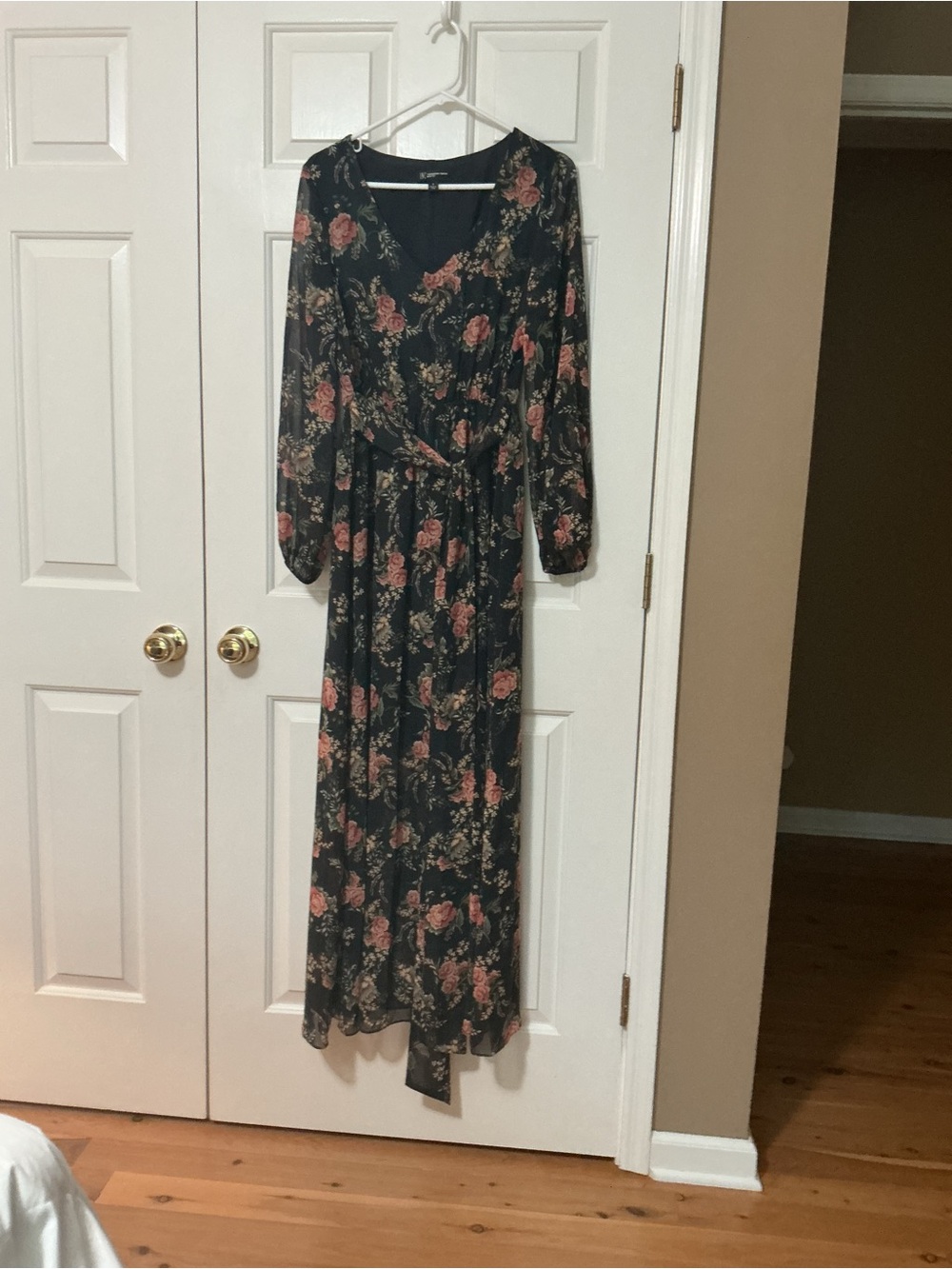 INC International Concepts Dark Blue Floral Maxi Dress with Pink Roses